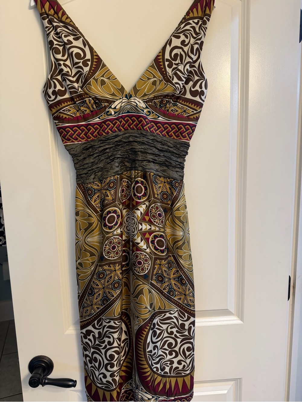 Nicole Miller Sleeveless V-Neck Maxi Dress in Mustard, Brown and Gray